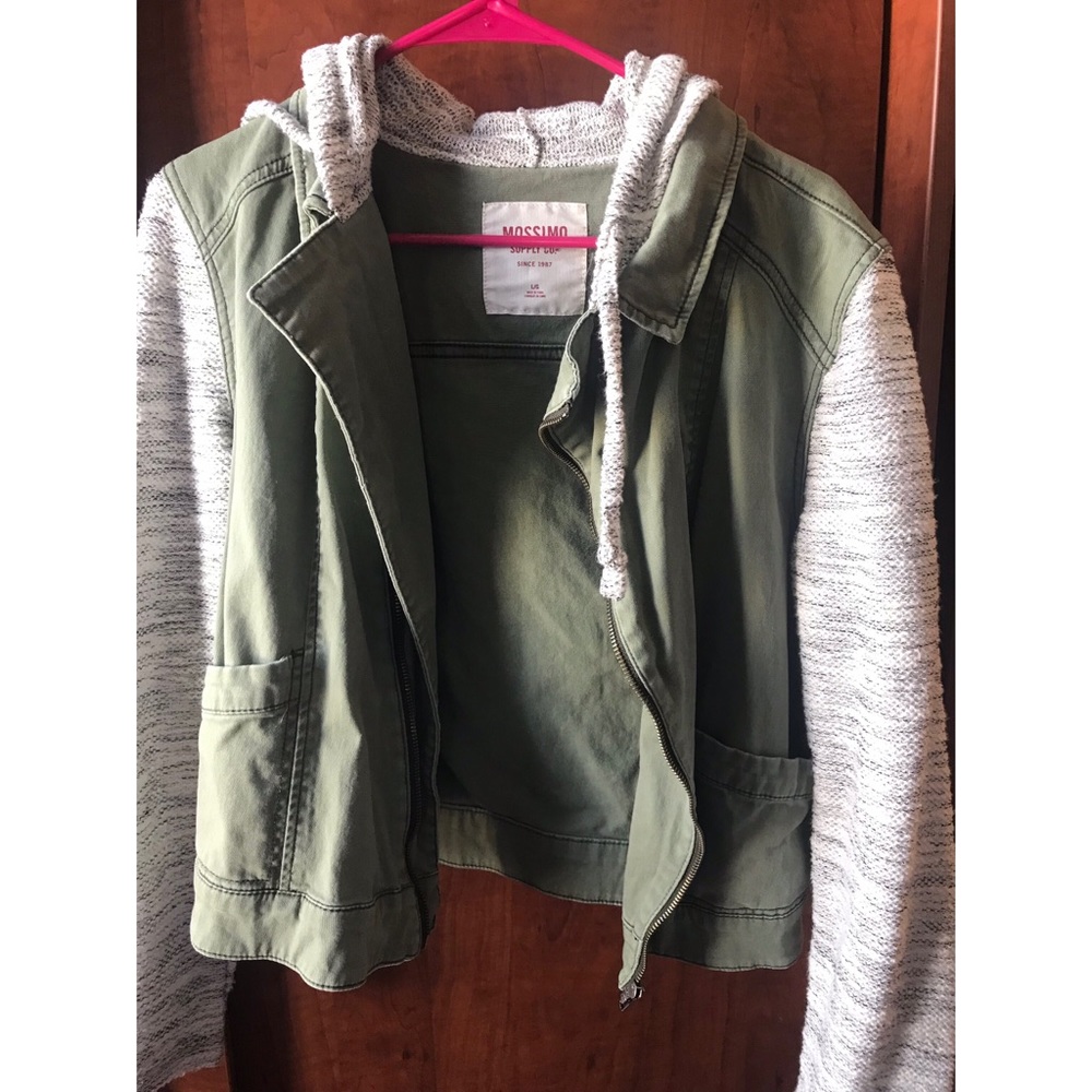 Army green and grey/white sweater jacket